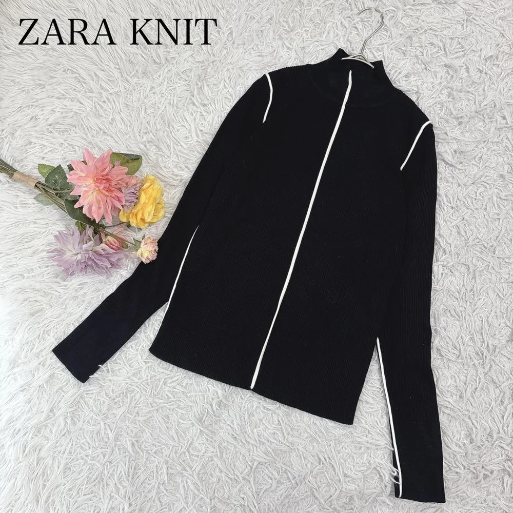 【M】ZARA ザラ 長袖リブニット ハイネック ブラック 黒 パイピング付き