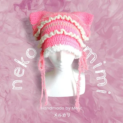 猫耳帽子 ニット帽 ハンドメイド♡フリルピンク