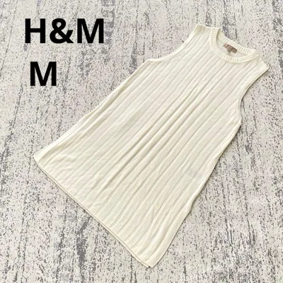 H&M リブニットベスト M 白 ノースリーブ 重ね着 スリット クルーネック