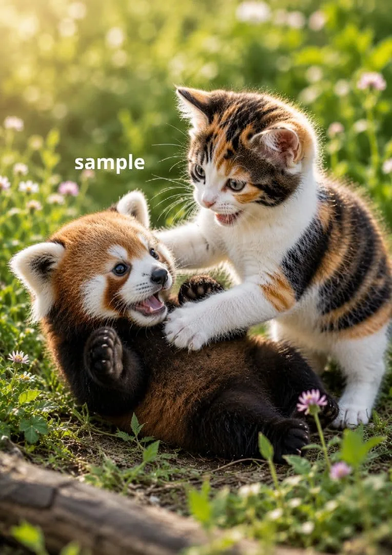 三毛猫とレッサーパンダ デジタルアート A4