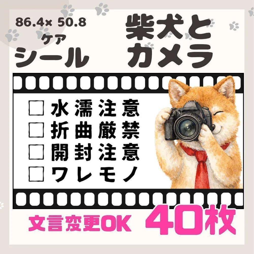 【柴犬とカメラ】40枚 ケアシール 宛名ラベル サンキュー 普通サイズ