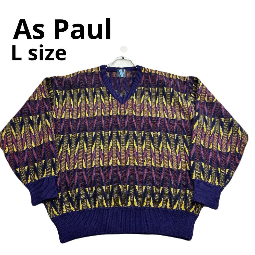vintage As Paul Vネック ニット セーター 総柄 マルチカラー