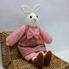 手織り木綿 お座りうさぎ ハンドメイド ぬいぐるみ 人形 マスコット ピンク