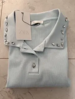 ZARA ビジュー付き ポロシャツ ライトブルー L