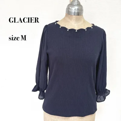 GLACIER グラシア トップス ネイビー M ビジュー シフォン袖 フリル