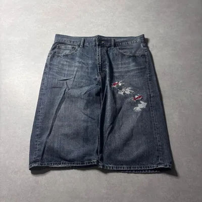 archive y2k wide baggy Jorts denim 和柄 刺繍