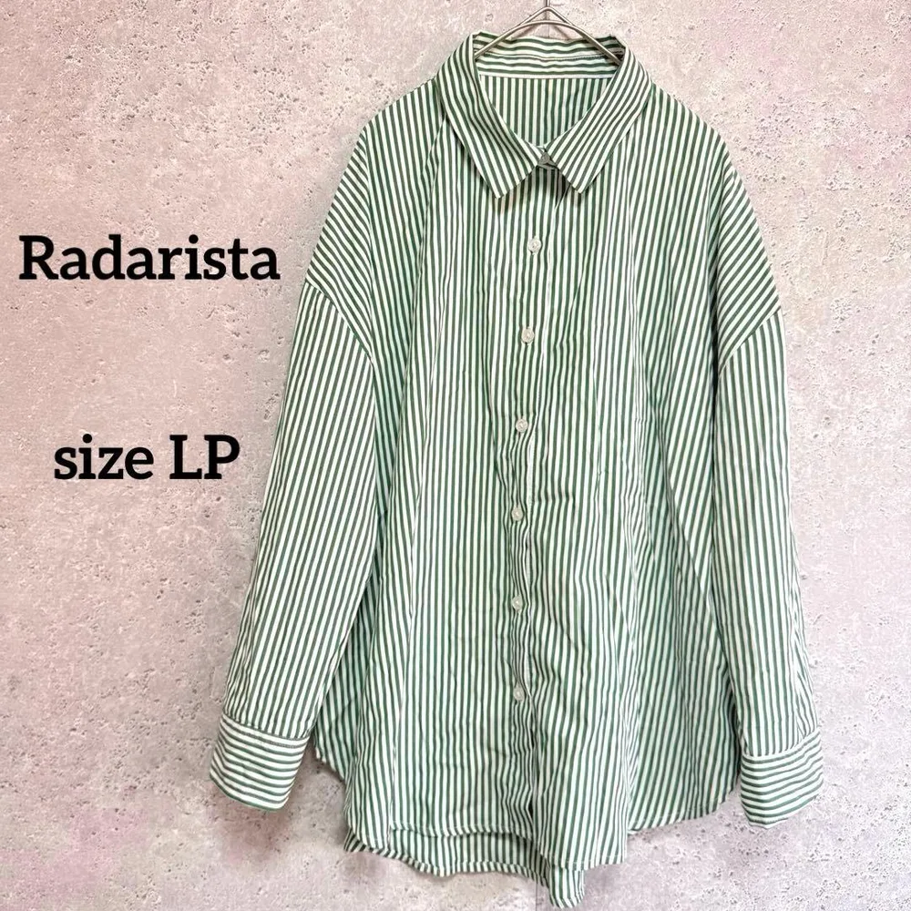 Radarista ストライプシャツ 長袖 L 白緑 ドロップショルダー