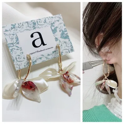 2351-2 ピンク☺︎柄花びらとパールフラワーと半円フープのチタンピアス☺︎