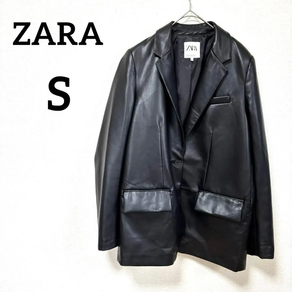 【ZARA】フェイクレザーテーラードジャケッド ブラック S フラップポケット