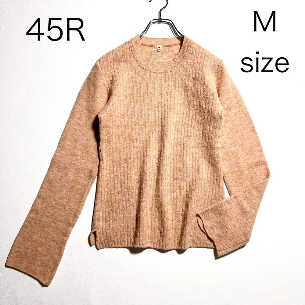 3915【美品】45R 縮絨ウールクルーネックニット リブニット ピンクベージュ