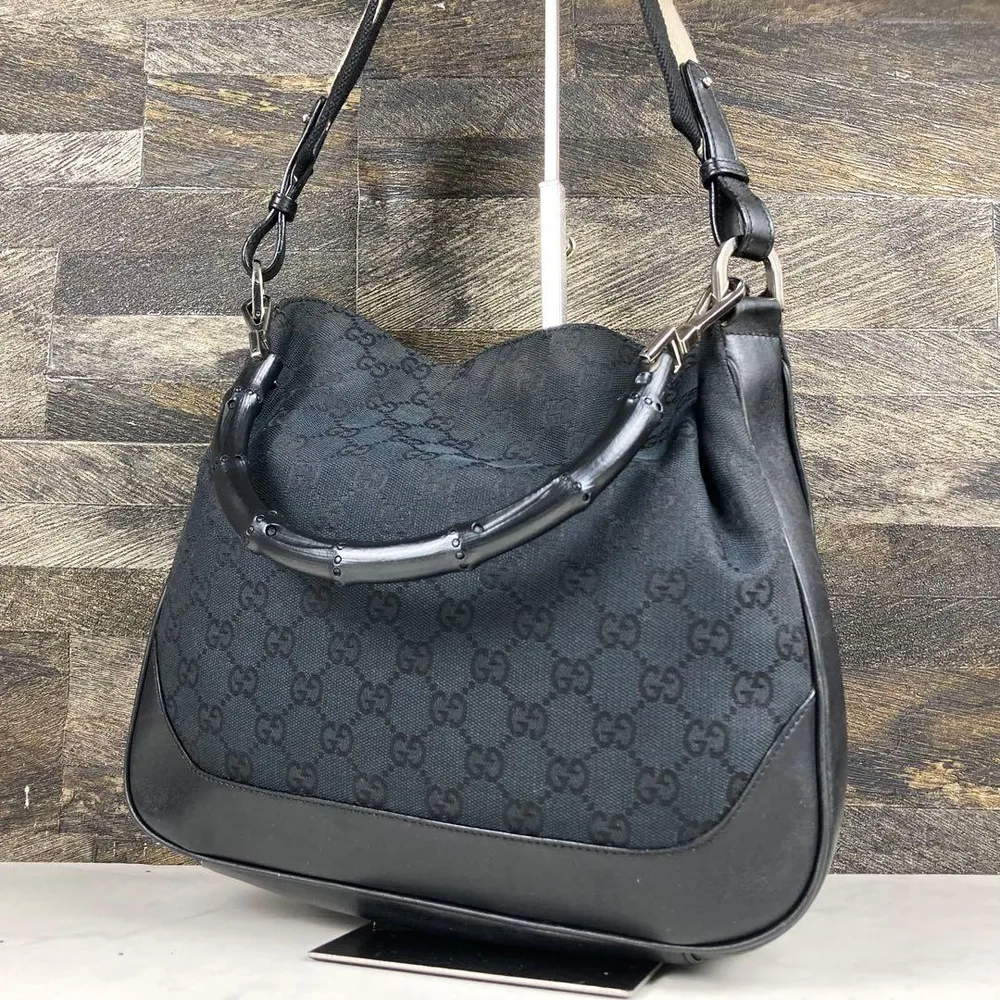 グッチ バンブー 2WAYショルダーバッグ GGキャンバス 黒 レザー 肩掛け