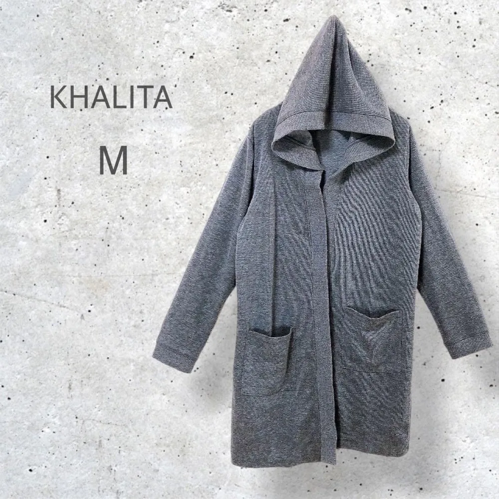 【KHALITA】 ニットカーディガン パーカー ボタンレス 羽織り フーディー