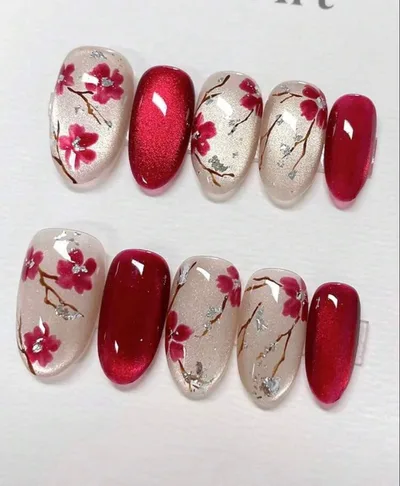 ネイルチップ 和風 桜デザイン キャッツアイ