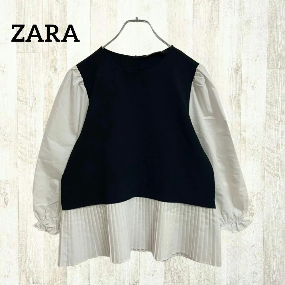 ZARA ドッキングブラウス S ブラック 黒 ホワイト 白 ニット 裾プリーツ