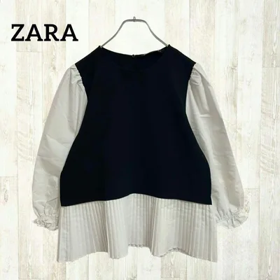 ZARA ドッキングブラウス S ブラック 黒 ホワイト 白 ニット 裾プリーツ