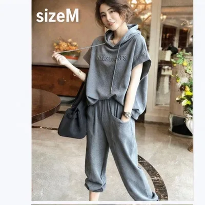 セットアップ パーカー 半袖 ワイドパンツ グレー M