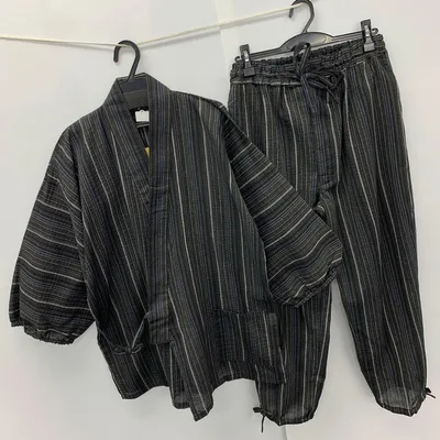 新品★メンズ★Lサイズ★縞柄 しじら 作務衣 さむえ 上下セット 4701 黒