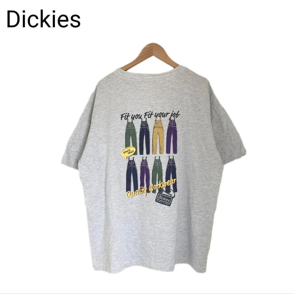 ディッキーズ デニムサロペット バックプリント 半袖 グレー 丸首 Tシャツ M