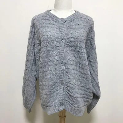 美品 しまむら Freude グレー ケーブルニット カーディガン 長袖 L