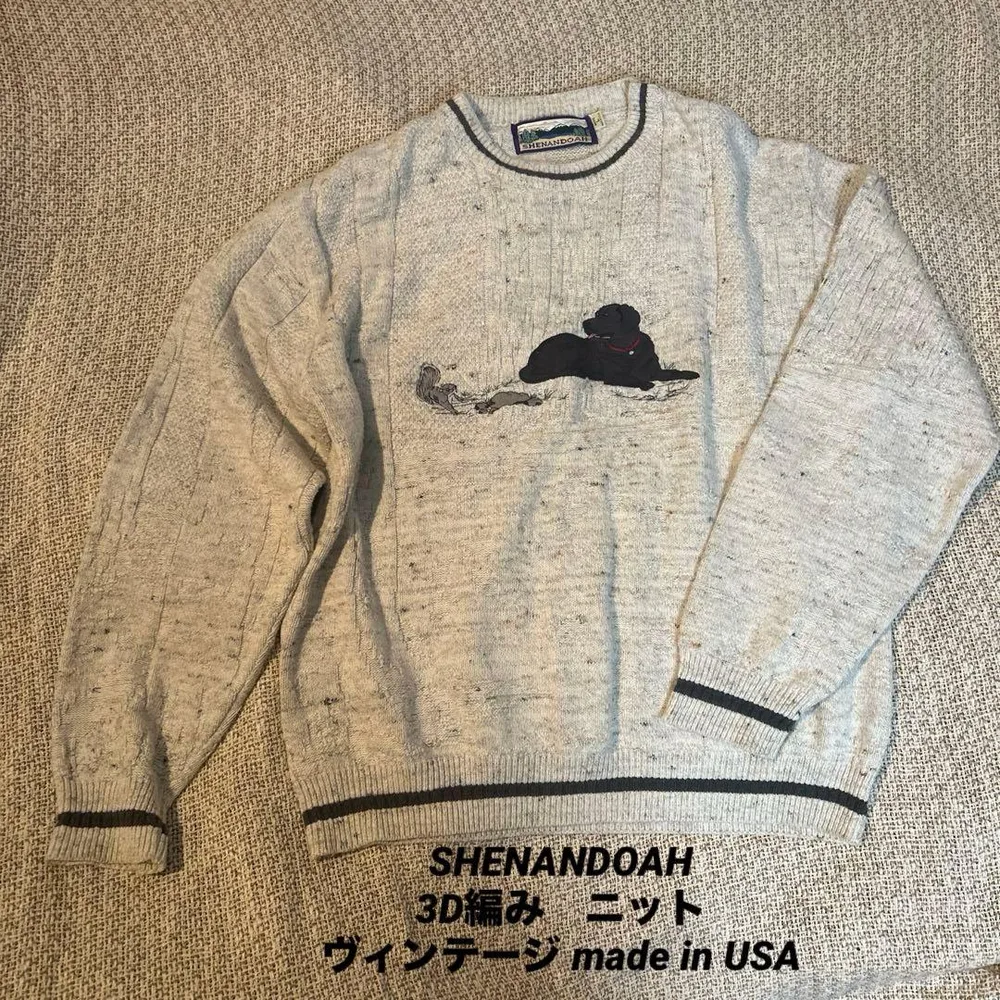 90s USA製 SHENANDOAH 犬柄 ドッグ刺繍 3Dコットンニット L