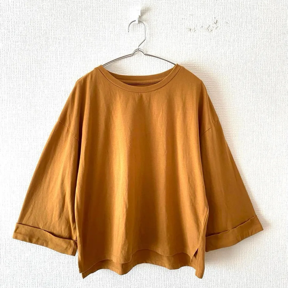 ☆【ハンチ】カットソー ドロップショルダー ワイドシルエット 綿混 七分袖 M