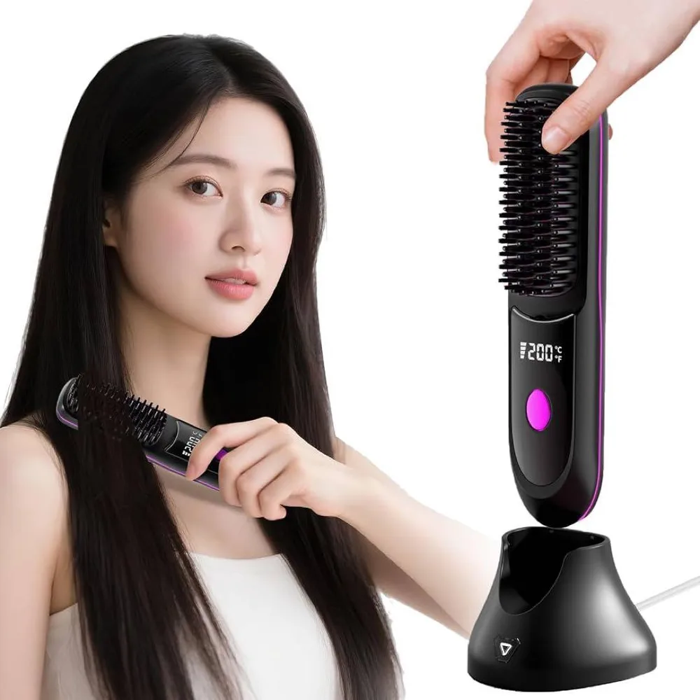コードレス ヘアアイロン ヒートブラシ ストレート 充電式 温度調節 携帯用 黒