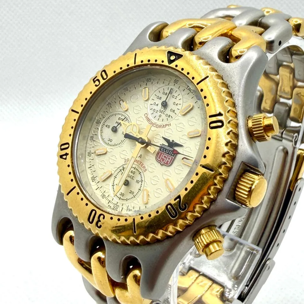 美品 稼働品ELGIN メンズ腕時計 クロノグラフ コンビカラーFK-528-N