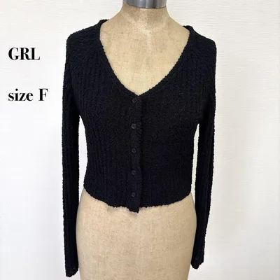 ...GRL ショート丈 ニットカーディガン Vネック 長袖 ブラック F
