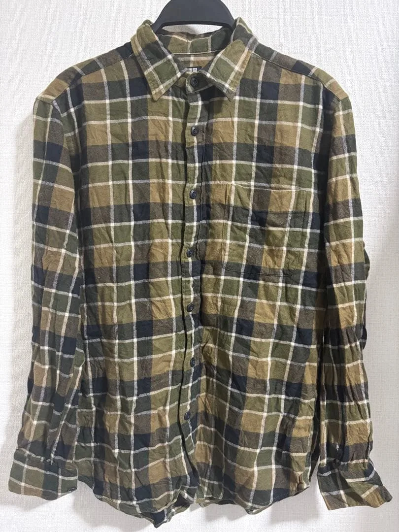 古着 UNIQLO チェックシャツ オリーブ カーキ 長袖