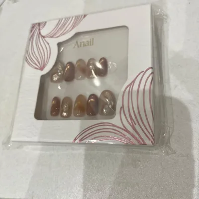 Anail 水光ネイルブラウンニュアンスゴールドウェーブミラーパールオーバル L
