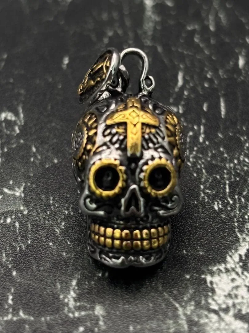 【返品対応】メキシカンスカル ペンダント ネックレス ドクロ 骸骨 金