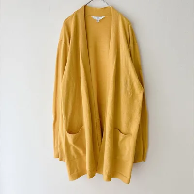 タイムアンドトゥ カーディガン ノーカラー 長袖 無地 2XL 黄 ゆったり