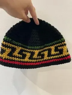 ハンドメイド クロシェハット バケットハット 黒×黄×緑 クラッシャー ラスタ
