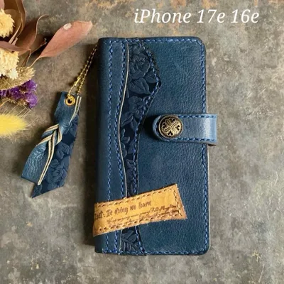 本革☆iPhone17e16e対応スマホケース 手帳型 ネイビー