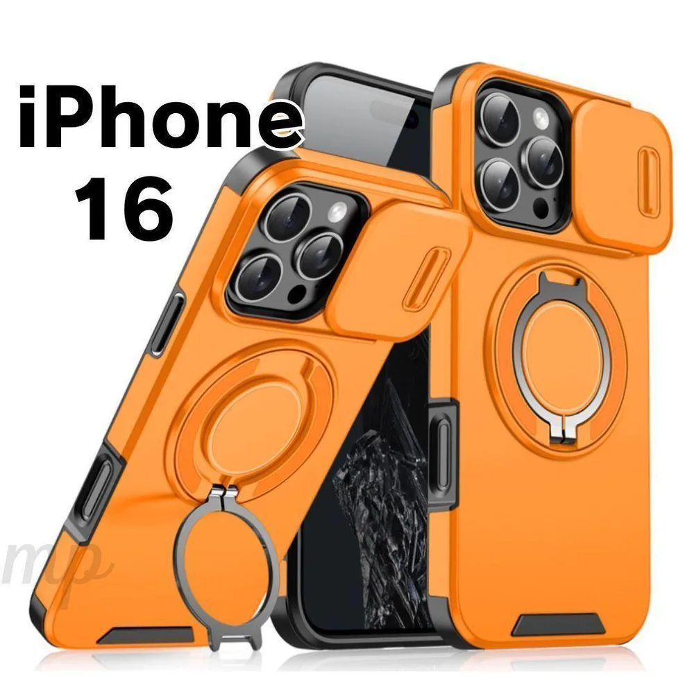 iPhone16 ケース MagSafe対応 オレンジ スタンド 360度