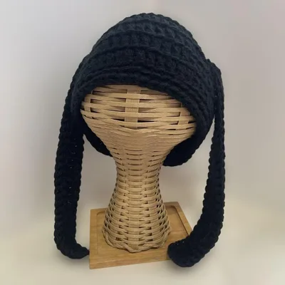 ハンドメイド(53)手編み うさ耳ニット帽 ブラック