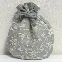 【値下げ不可】ハンドメイド 丸型 ミニ 巾着袋 巾着 ポーチ 花柄 刺繍 グレー