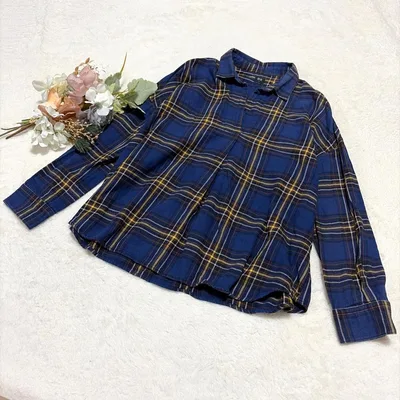 【ユニクロ】フランネルチェックスキッパーシャツ(長袖) ブルー M