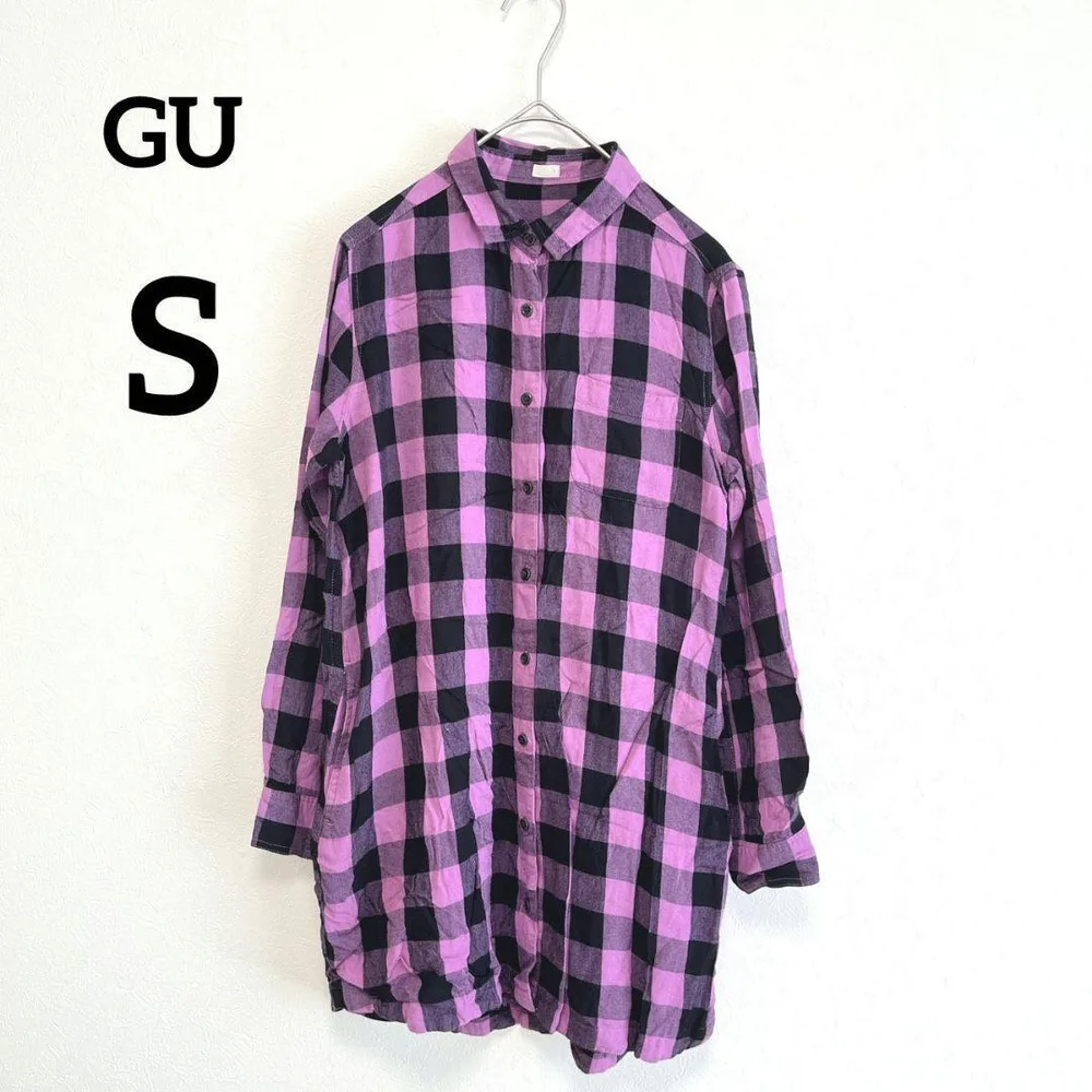 ☆GU 7分袖 ネルシャツ S ピンク ブラック チェック柄 起毛感 1660
