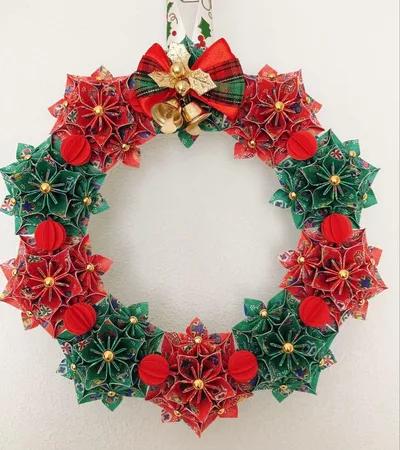 ハンドメイド ちゅら和紙 和柄折り紙クリスマスリース