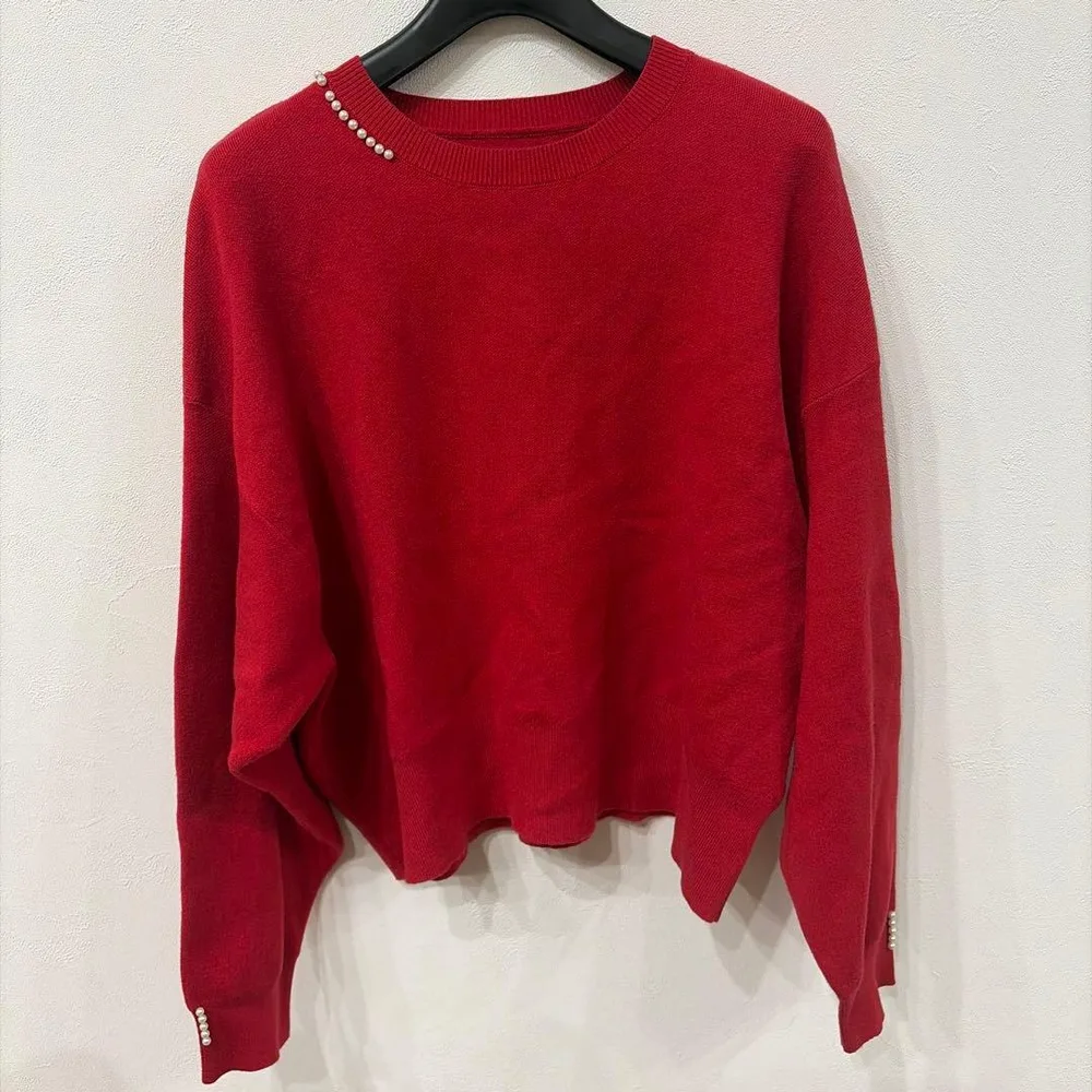 美品 SILPLAIR ニット 長袖 レッド パール装飾 LL オシャレ 厚め