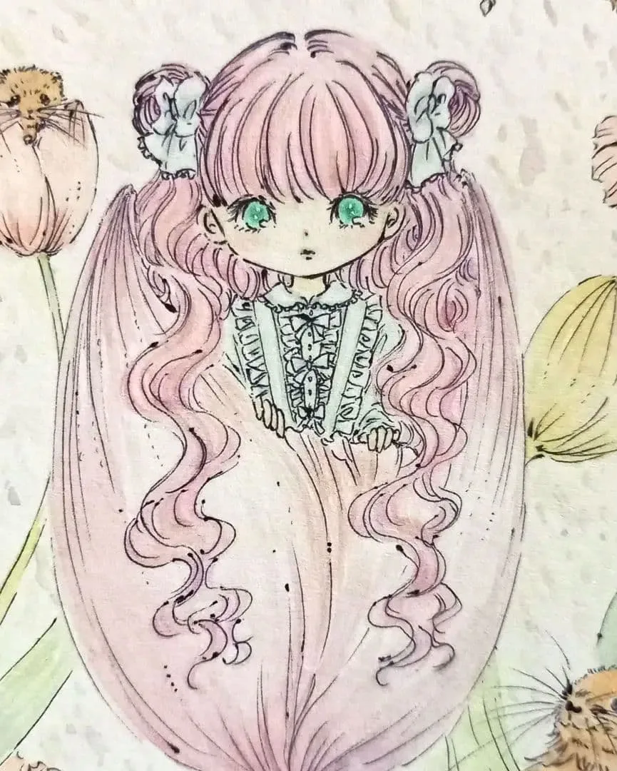 手描きイラスト 花と少女 オリジナル