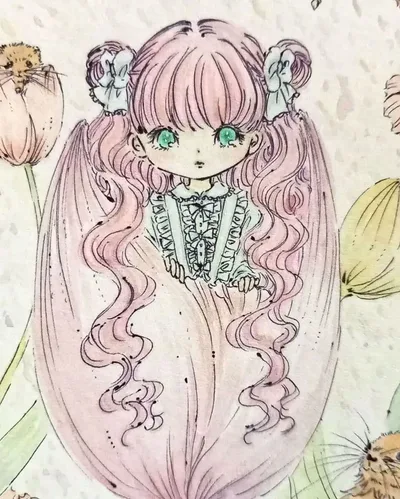 手描きイラスト 花と少女 オリジナル