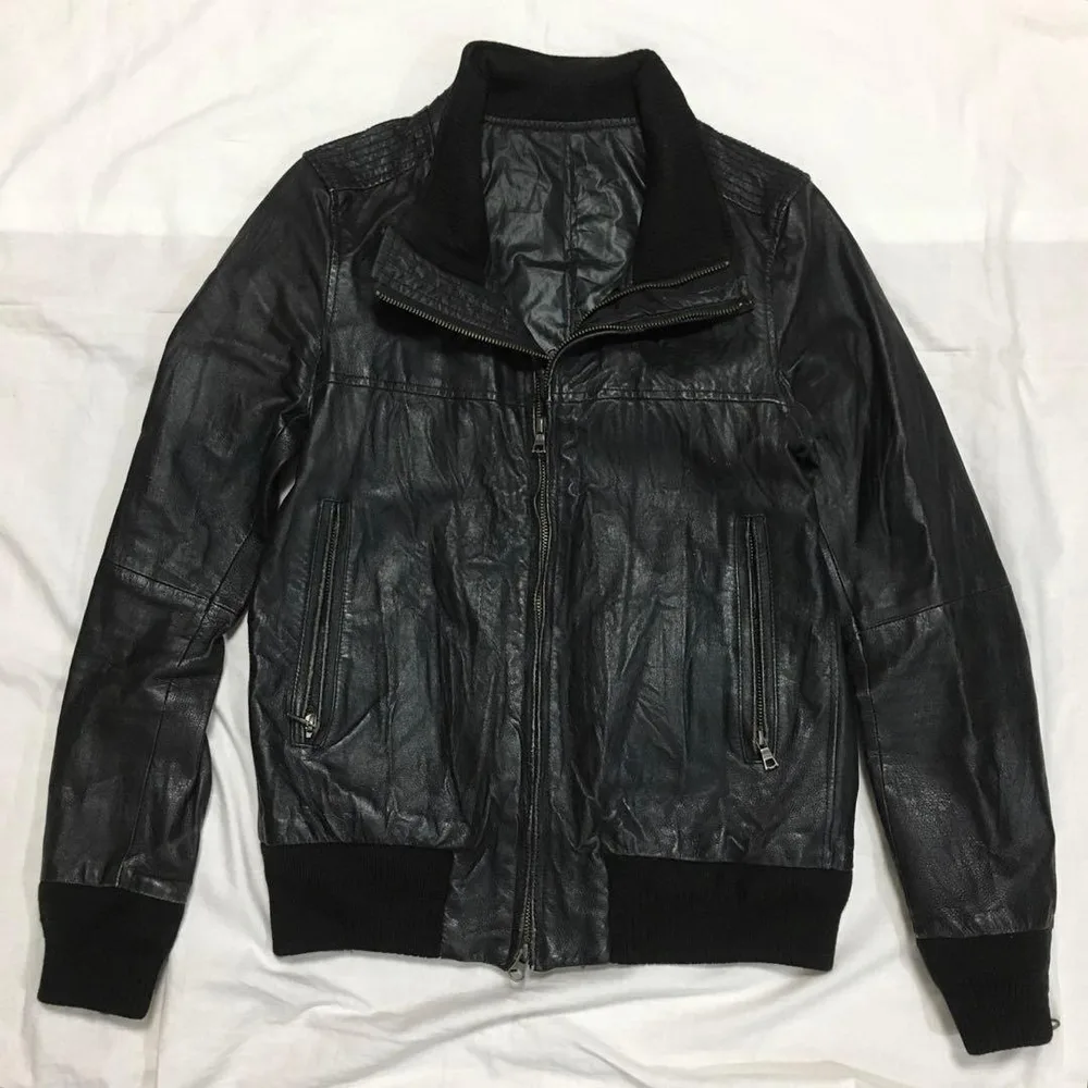 【個性派古着】革ジャン 豚革 黒 ダブルファスナー 立て襟 メンズM Y2K