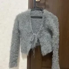 シャギーニット フロントリボン カーディガン グレー
