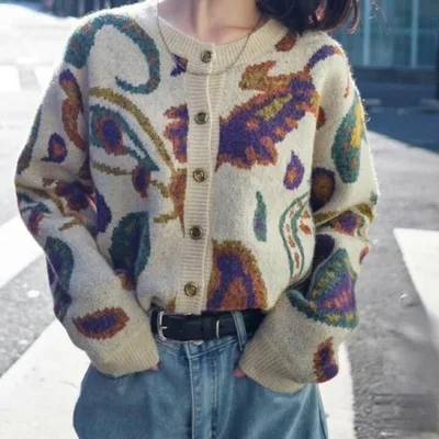 【新品】モヘアタッチ ペイズリー柄 ニット カーディガン アイボリー