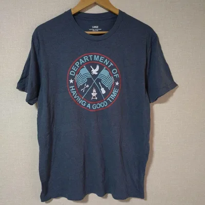 【L】インポート プリント Tシャツ 丸首 半袖 紺 カジュアル