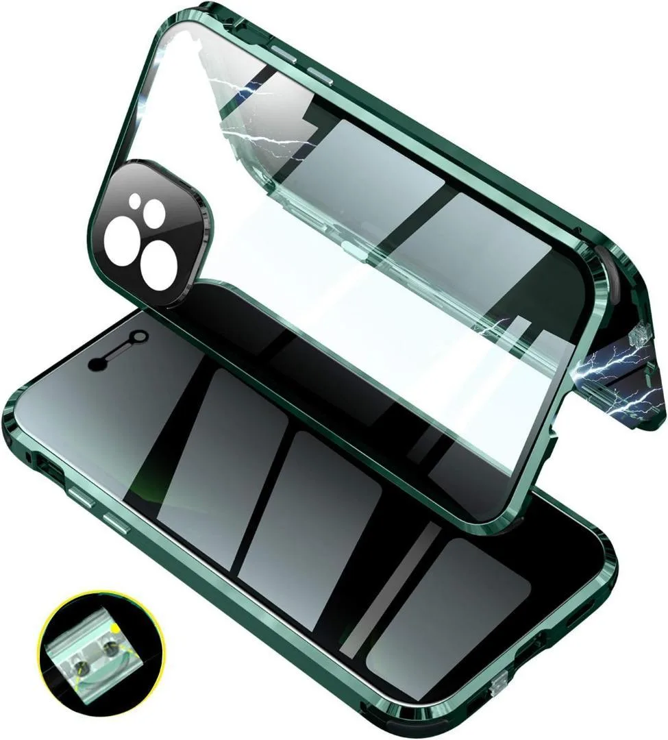 iPhone13 ケース カメラ保護両面クリアケー 緑 iphoneケース