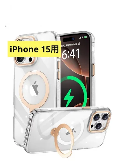新品未使用! iPhone 15 ケース クリア ゴールド スタンド