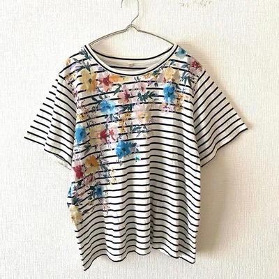 ☆Tシャツ ボーダー柄 花柄 綿100% クルーネック 半袖 大きいサイズ 3L